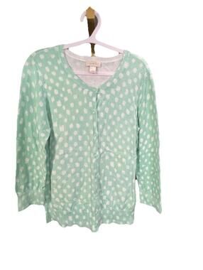 LOFT Cardigan Long Slv M Pistachio Green White Polka Dot Button Up 100% Cotton